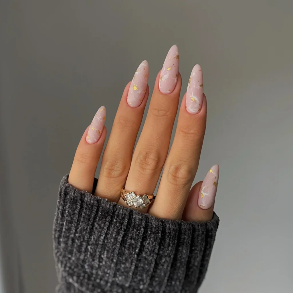 Blush Pink Marble Nails with Gold Flakes