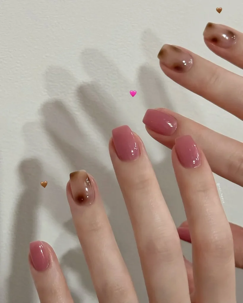 Blush Pink Nails with Brown Jelly Tips