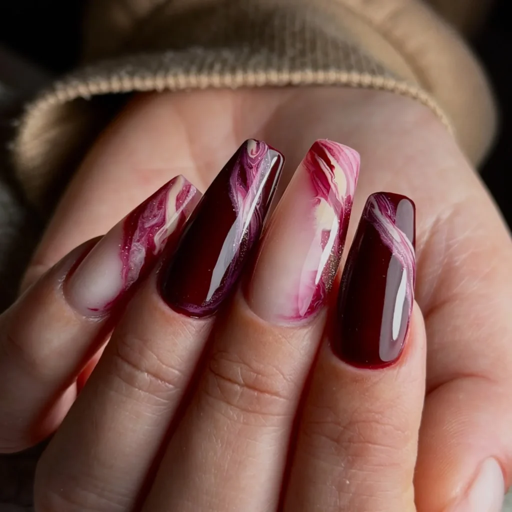 Burgundy Wine Marble Nails