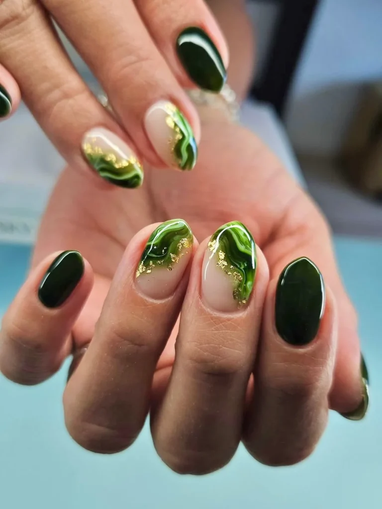 Emerald Green Marble Nails with Gold Foil