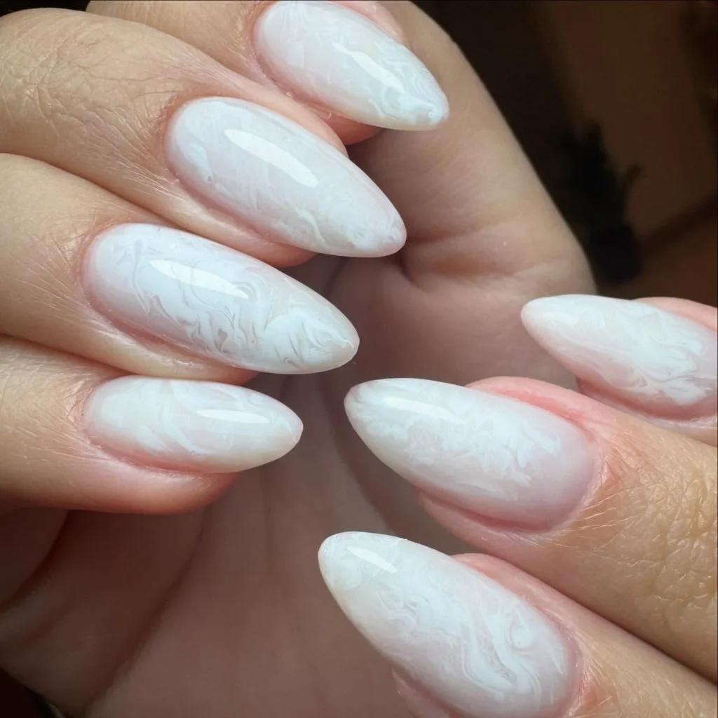 Milky White Marble Almond Nails