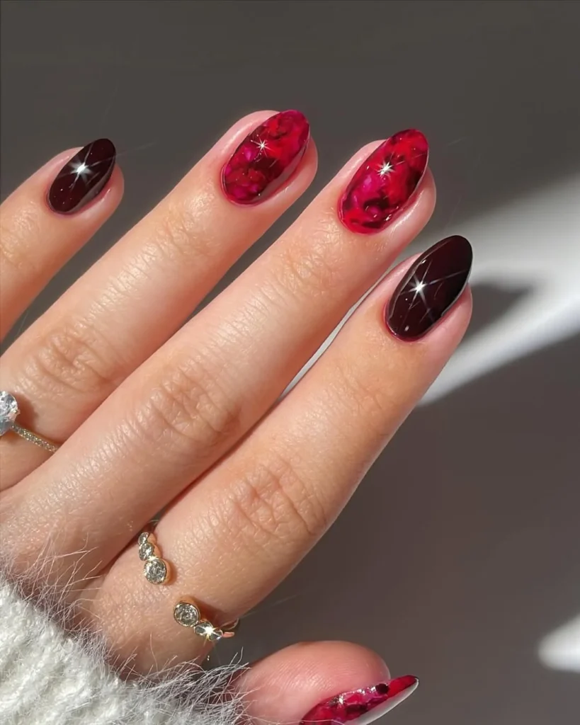 Red & Burgundy Glossy Statement Nails