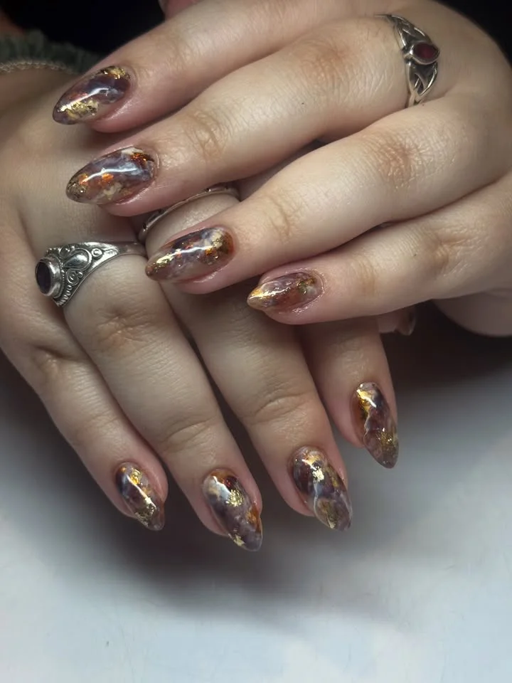 Amber Brown Nails with Gold Foil Accents