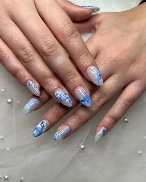 Blue Marble French Nails on Almond Shape