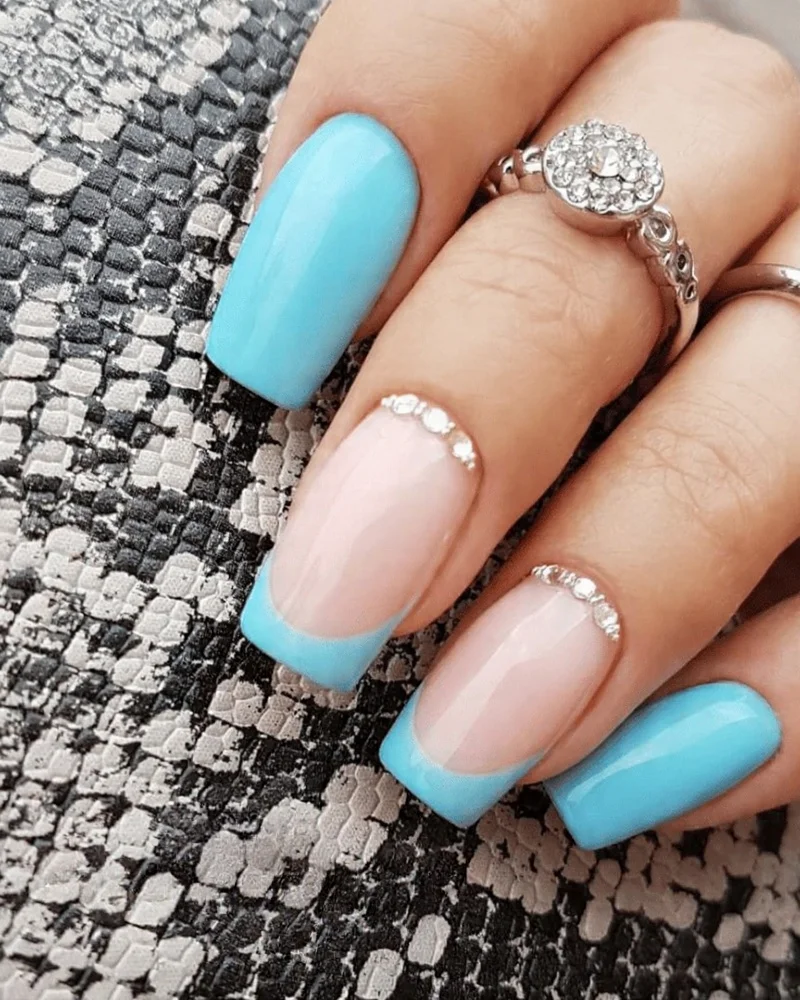 Blue Manicure with Gemstones