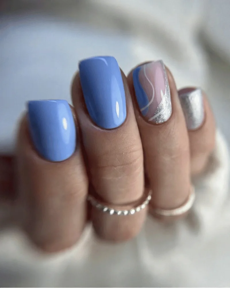 Blue Manicure with Silver Accents