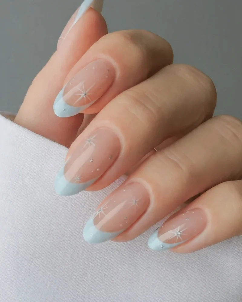 Blue Nails French Manicure with Little Stars