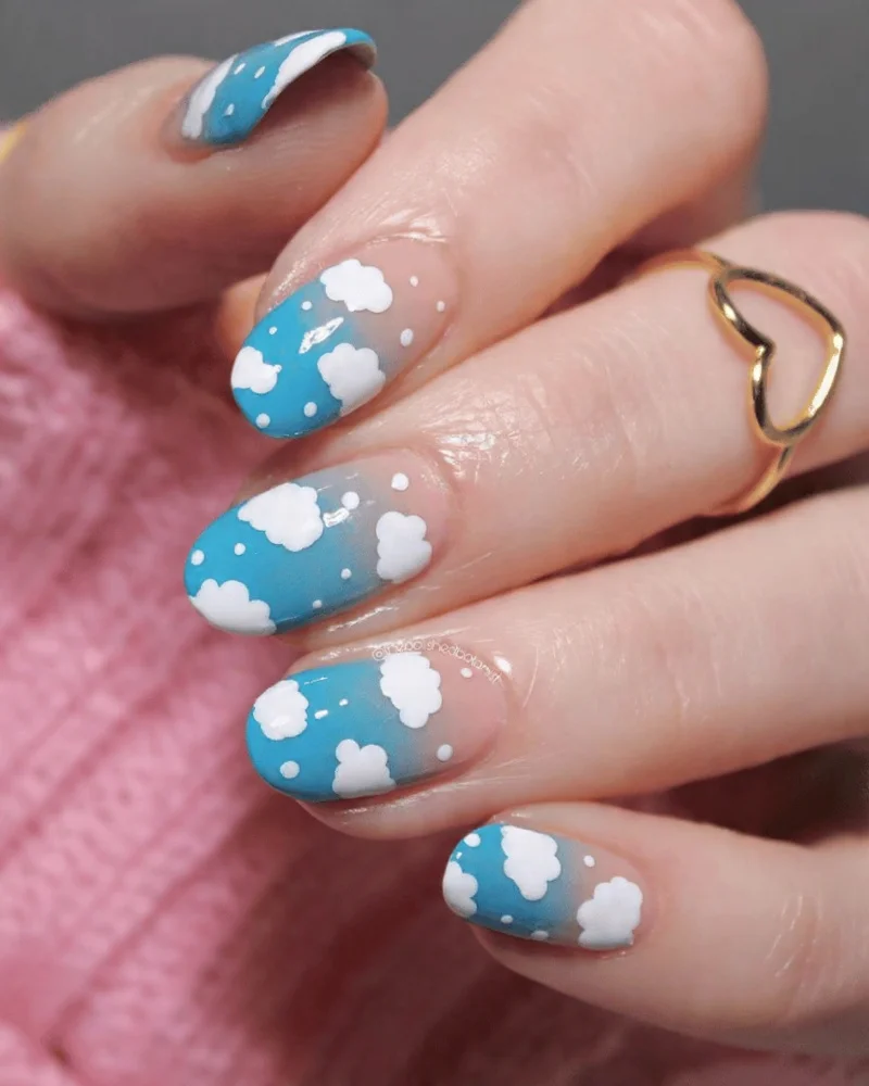 Blue Sky Nails with Clouds