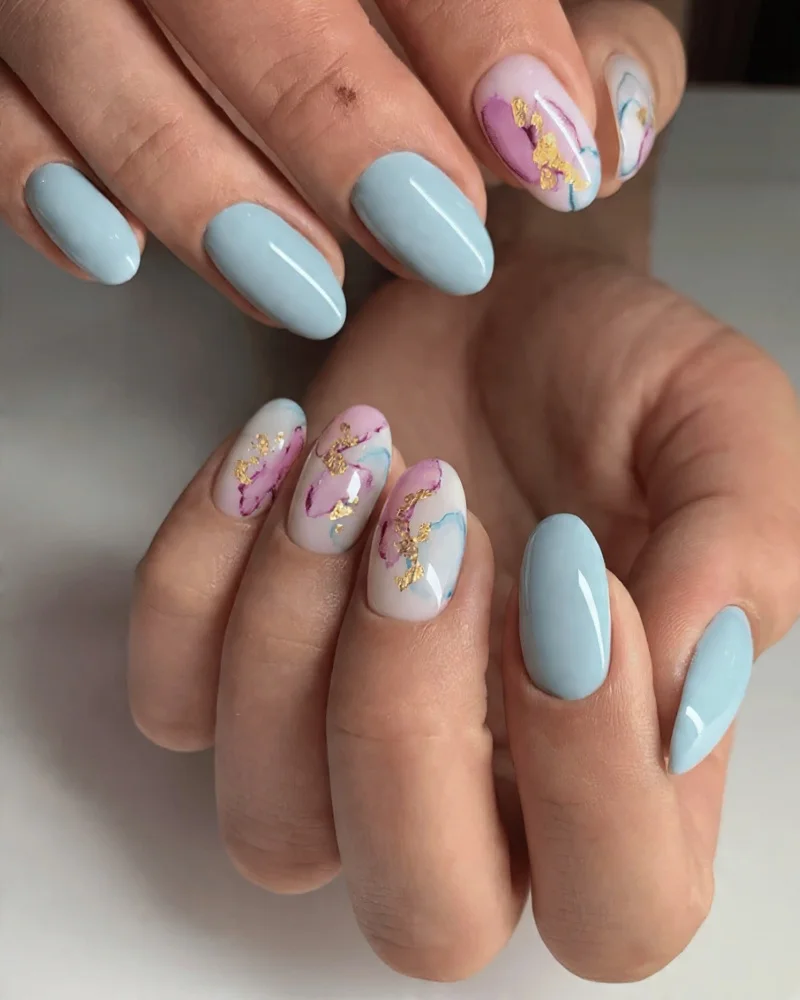 Blue Sky Nails with Pink and Gold Accents
