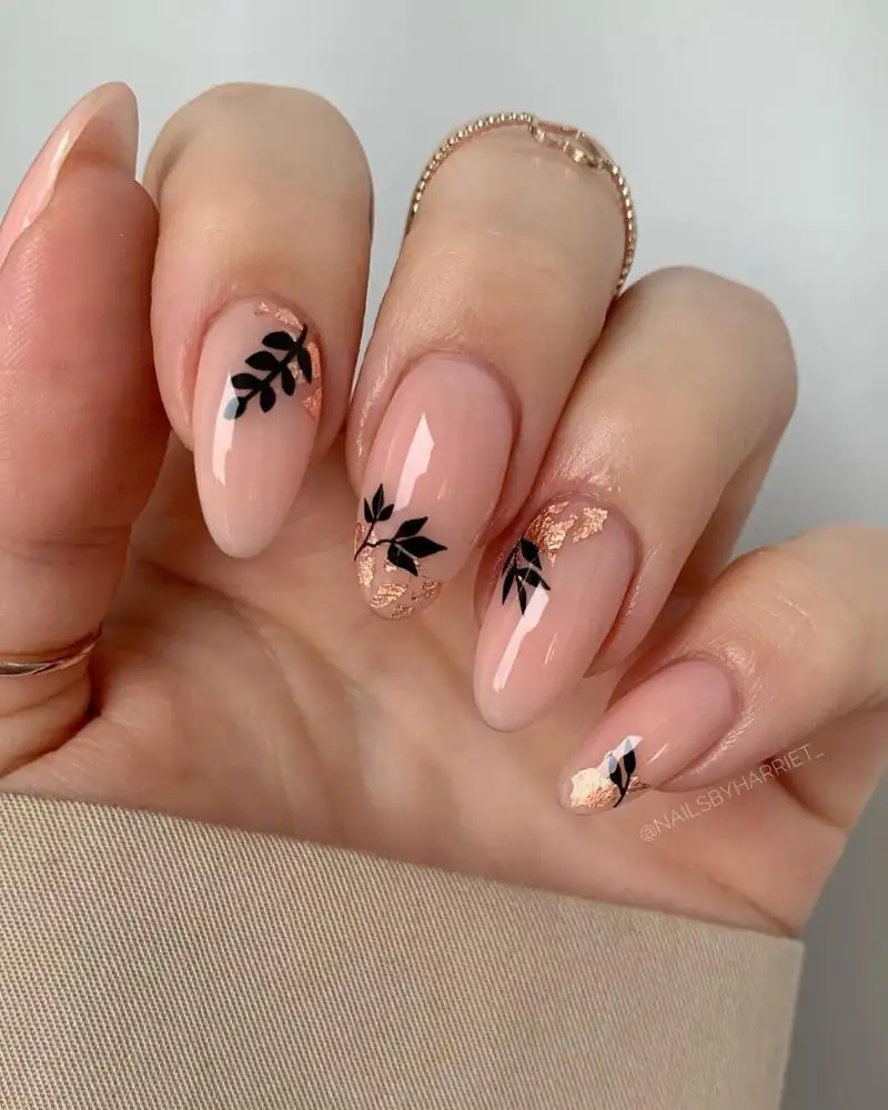 Blush Black Leaf Nails ,20 Cozy Fall Leaf Nail Designs Inspired by Nature’s Colors