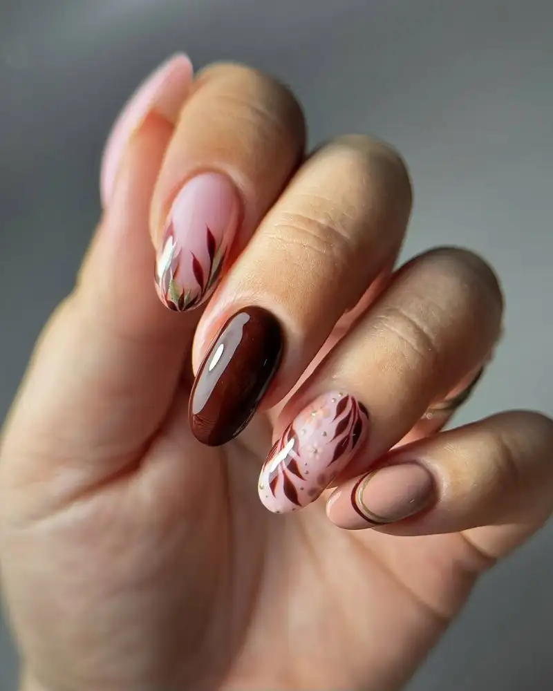 Blush Brown Fall Leaf Nails