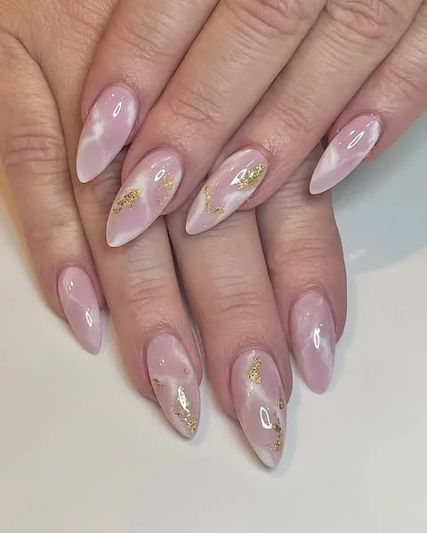 Blush Pink Marble Nails with Gold Foil Accents