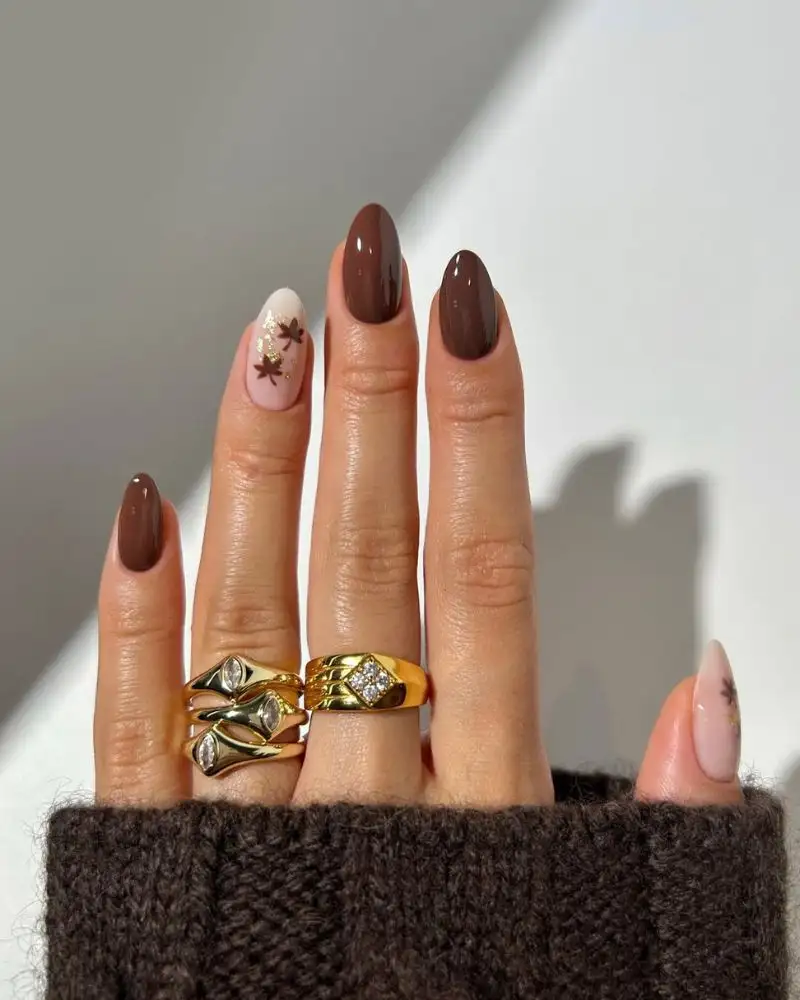 Chocolate Brown Fall Leaf Nails