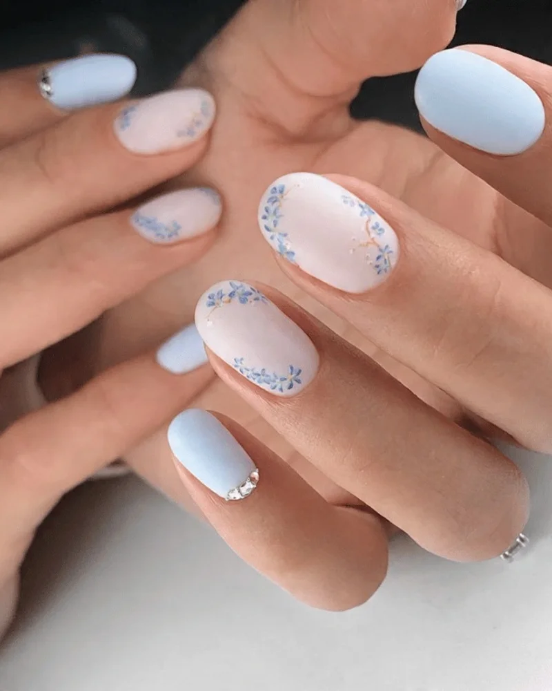 Classy Sky Blue Nails with Flower Nail Art