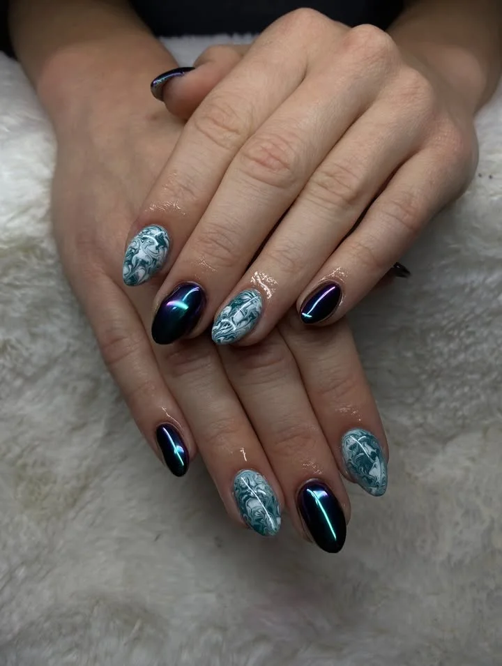 Dark Teal Chrome & Marble Accent Nails