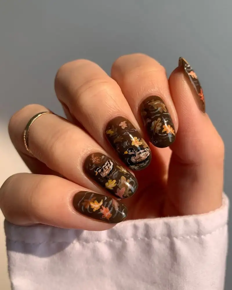 Moody Brown Floral Fall Nails