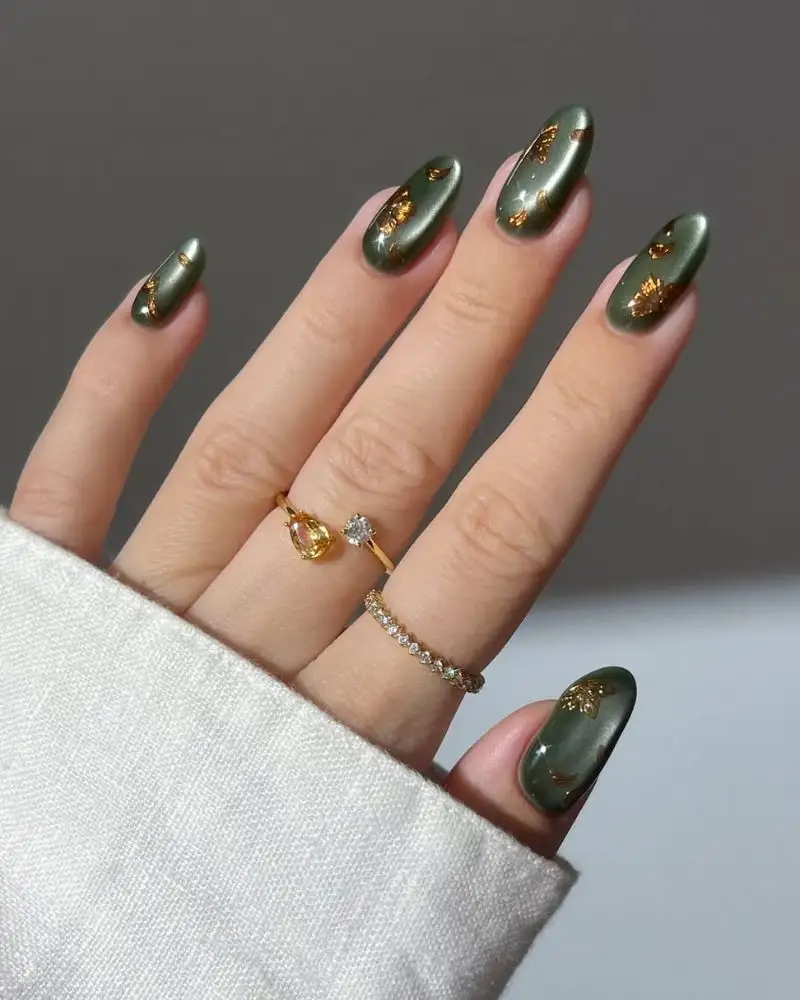 Olive Gold Leaf Nails