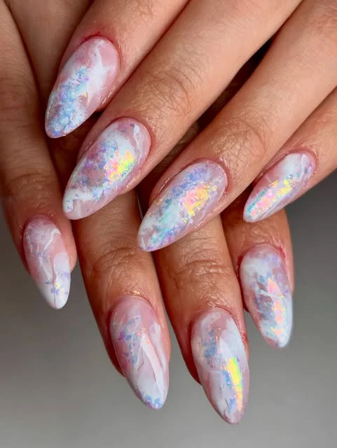 Opalescent Marble Nails with Iridescent Flakes