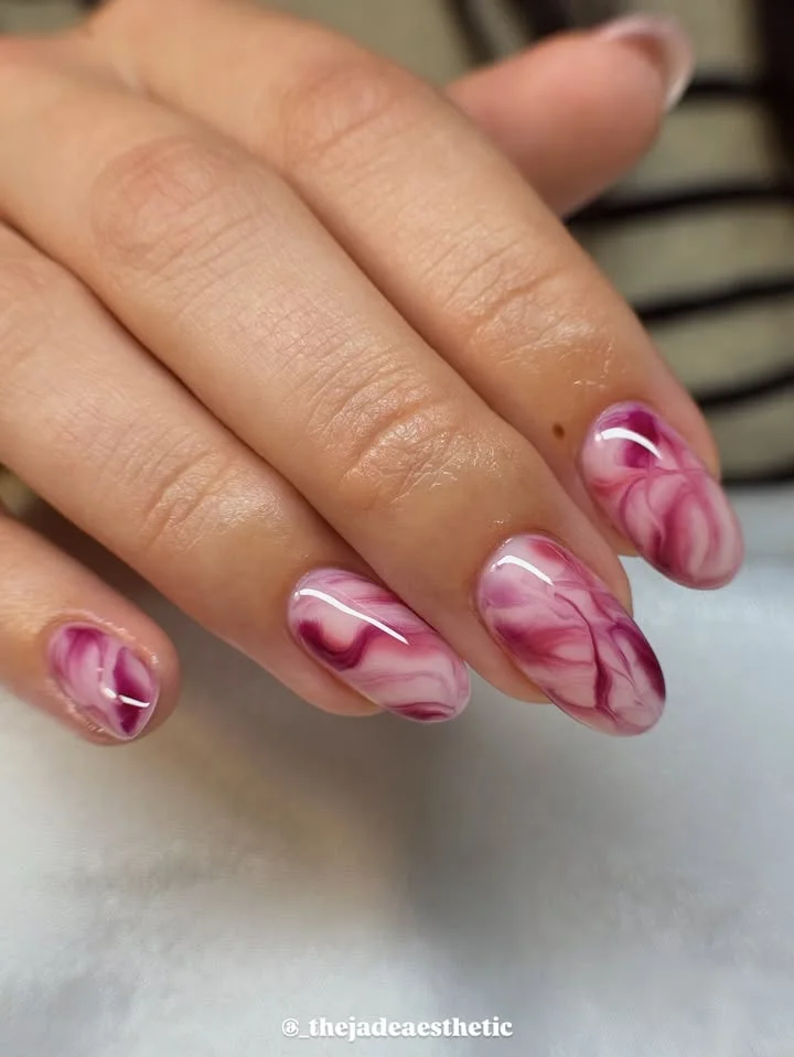 Pink Marble Swirl Nails with Glossy Finish
