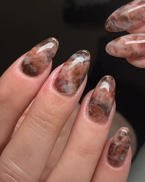 Smoky Brown Marble Almond Nails