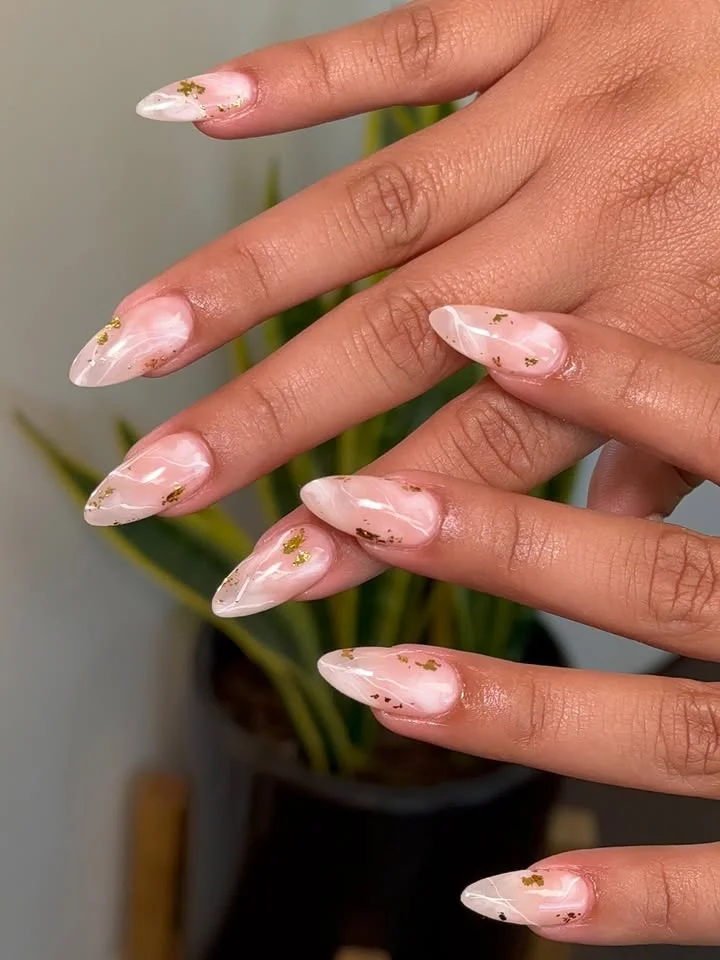 Soft Pink Marble Nails with Gold Flecks