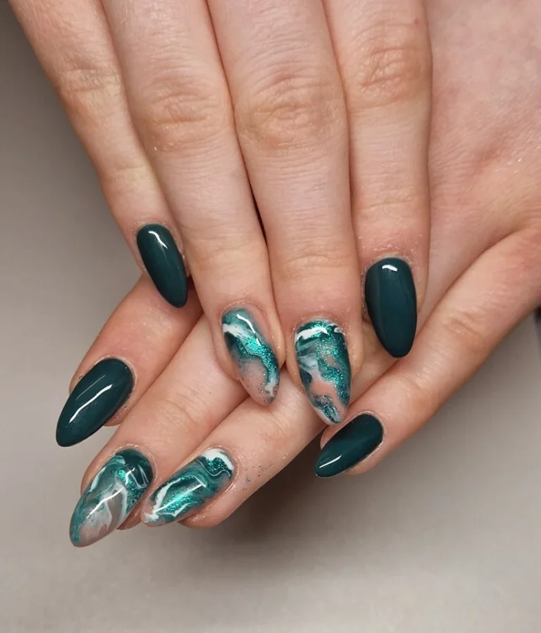 Teal Green Marble Nails with Metallic Shine
