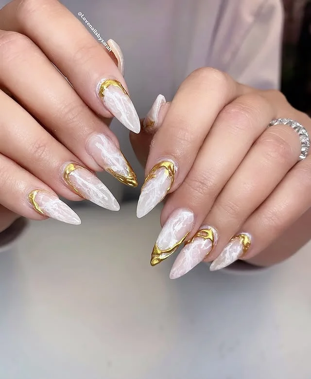 White Marble Nails with Gold Chrome Edges
