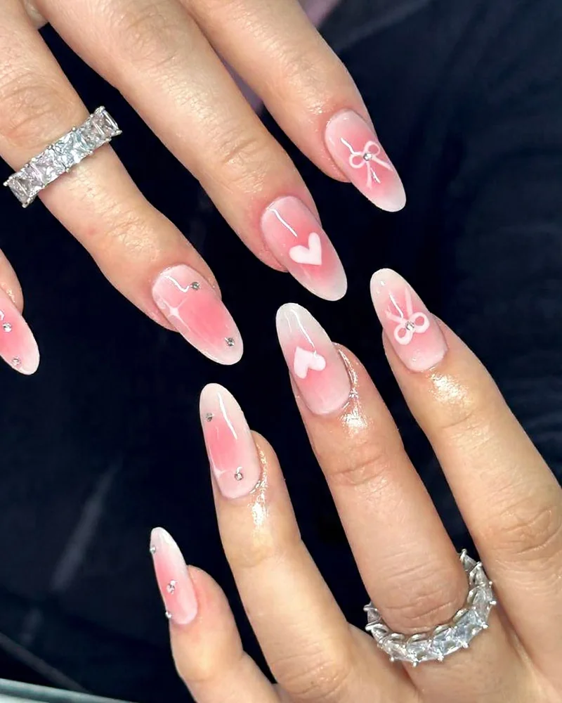 Blush Ombre Heart & Bow Nails