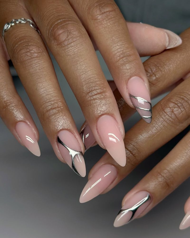 Chrome Accent Nude Stiletto Nails