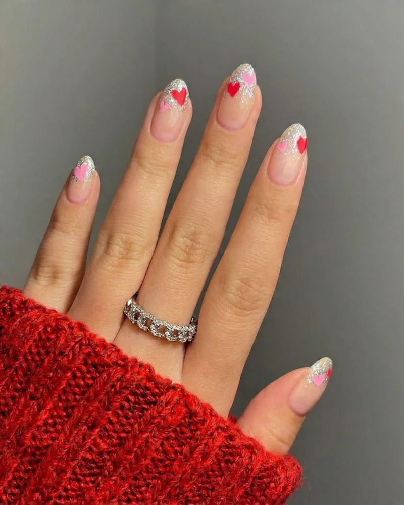 Glitter Heart French Tip Nails