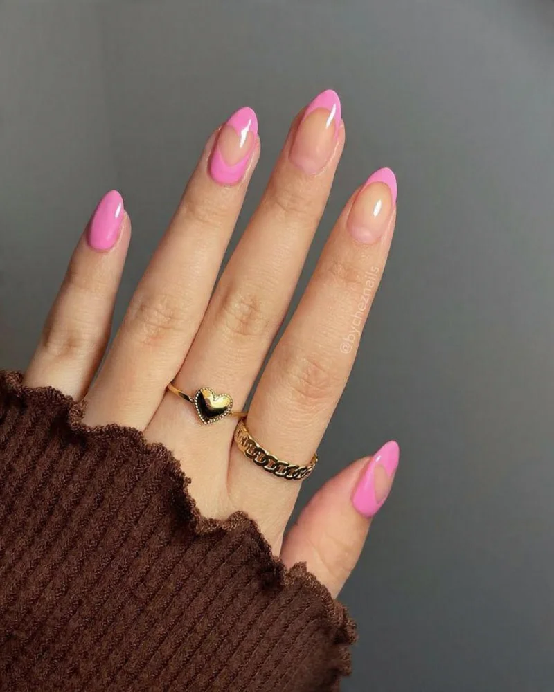 Glossy Pink French Almond Nails