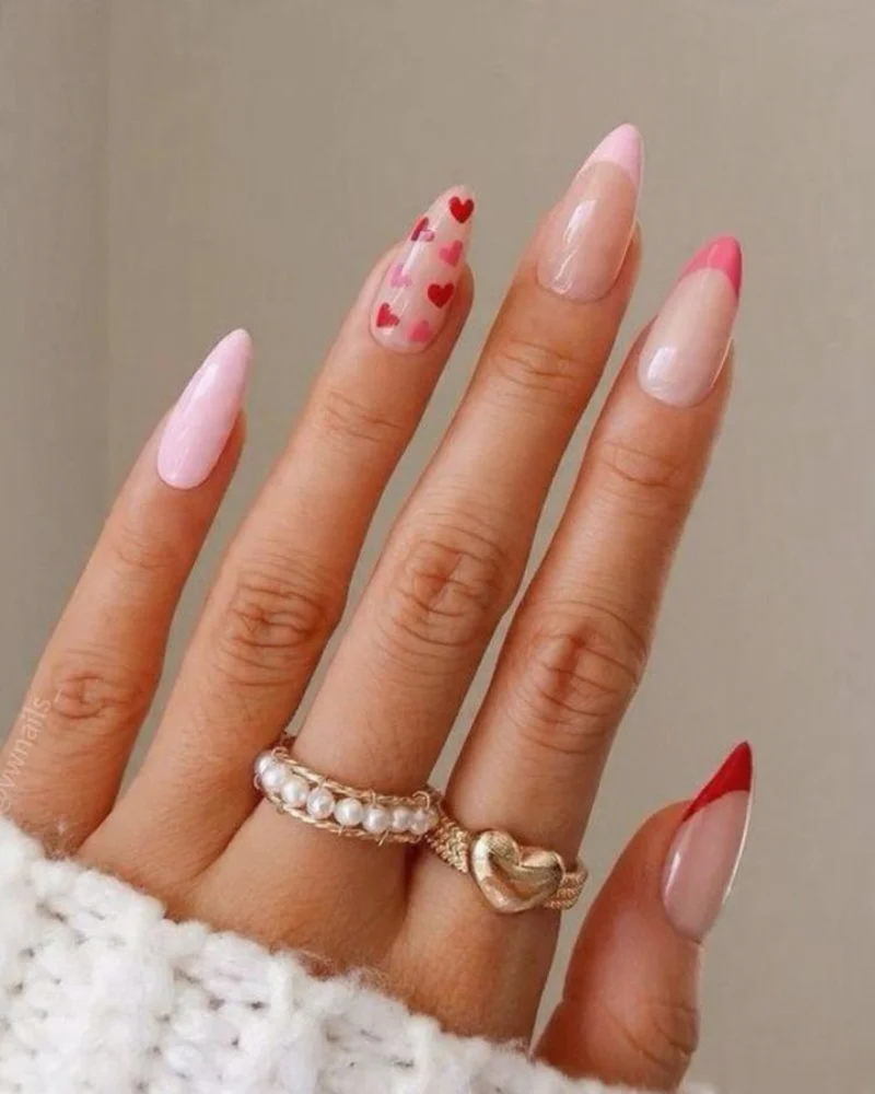 Heart Accent French Almond Nails