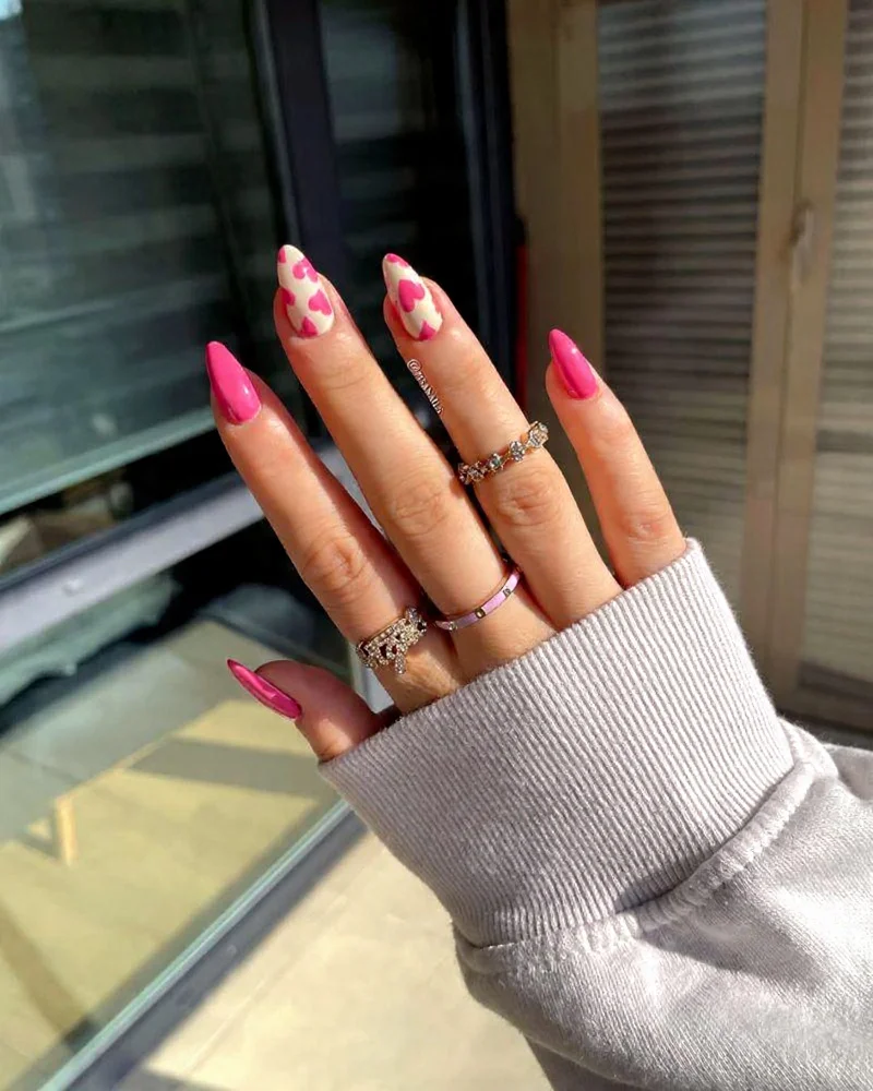 Hot Pink Heart Accent Almond Nails