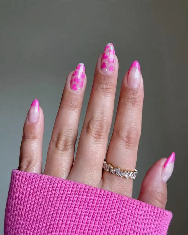 Hot Pink Heart French Tip Nails