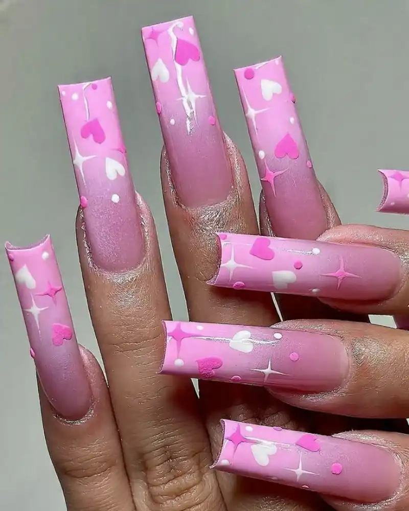 Pink Heart Sparkle Coffin Nails