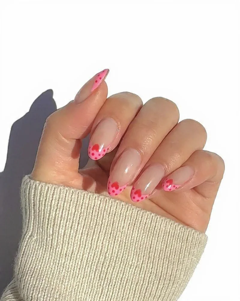 Pink Polka Heart French Nails