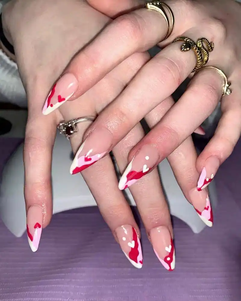 Red & White Heart French Tip Nails