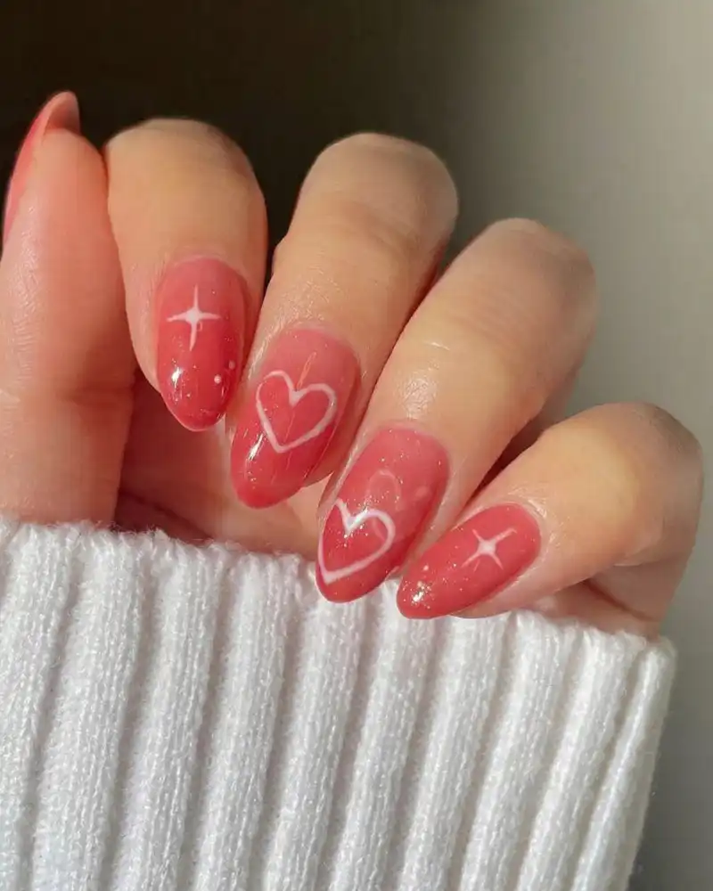 Rosy Pink Heart Sparkle Nails