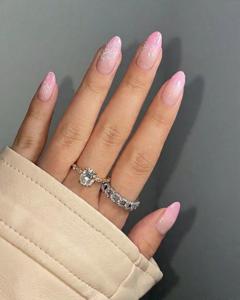 Soft Pink Glitter Almond Nails