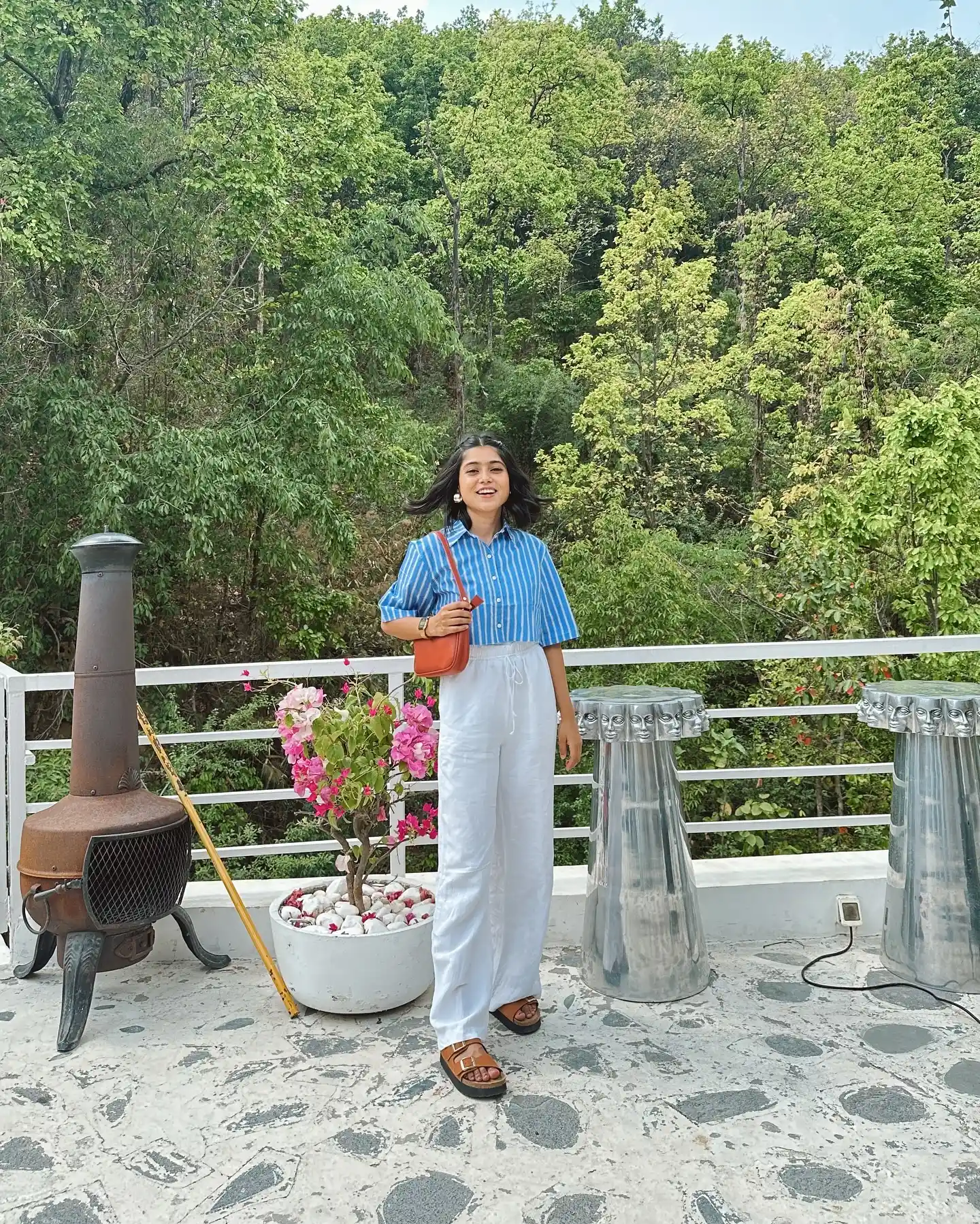 Blue Striped Shirt with White Linen Pants