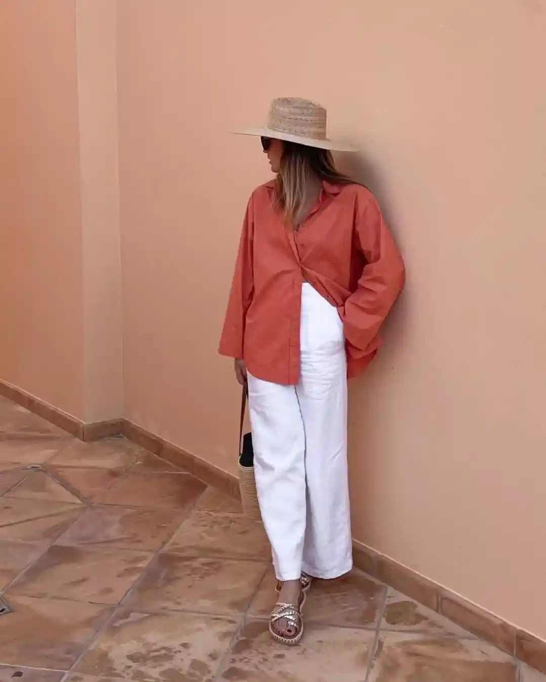 Coral Shirt with White Maxi Skirt