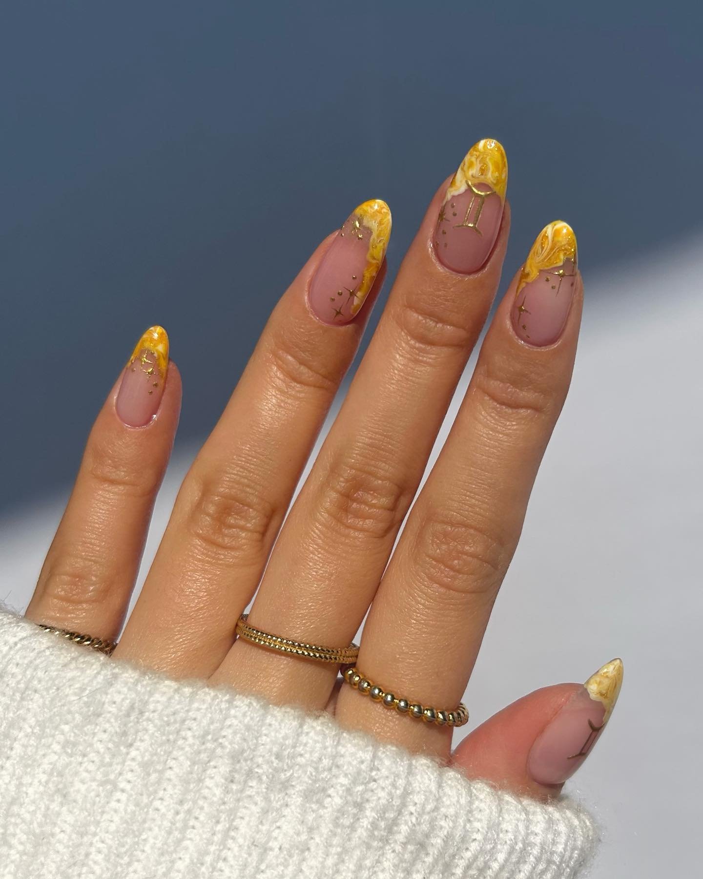 Gemini Zodiac Nails with Yellow Marble Tips