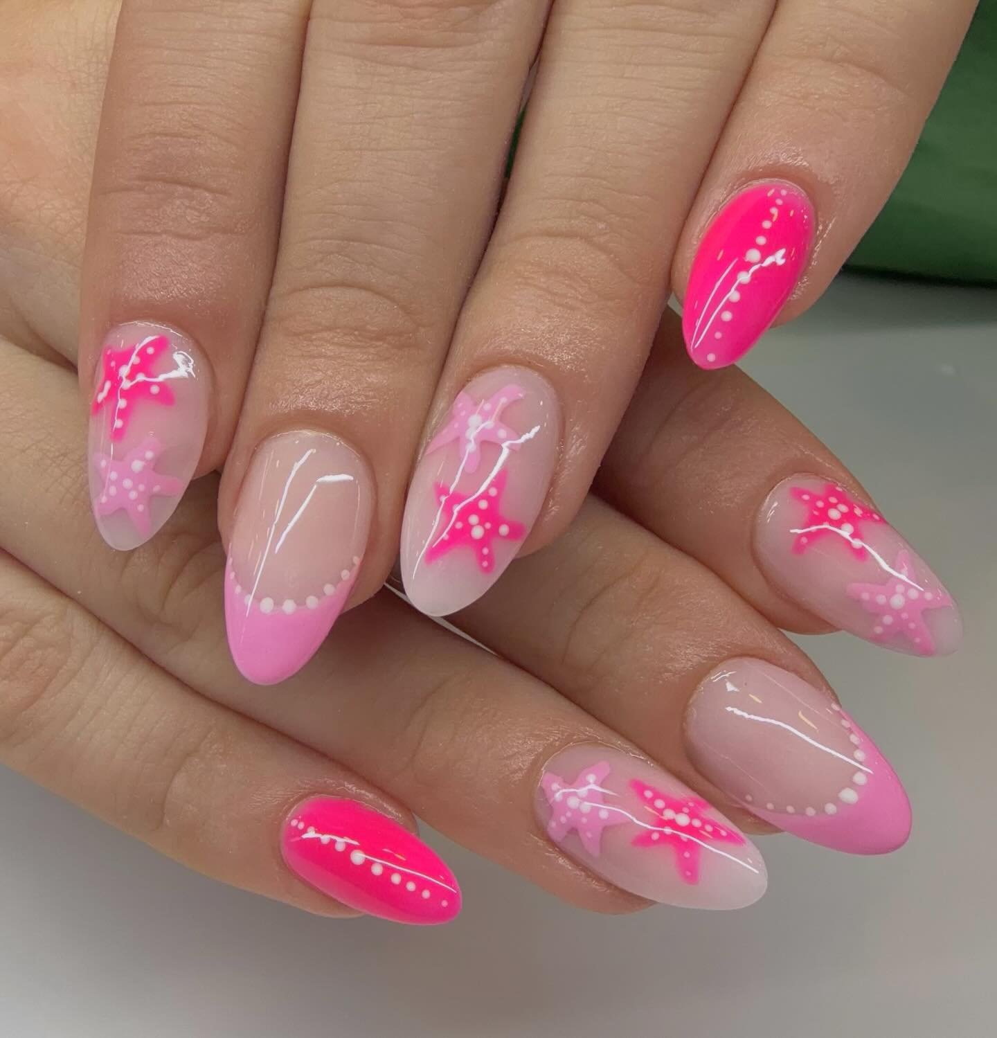 Hot Pink and Sheer Starfish Nails