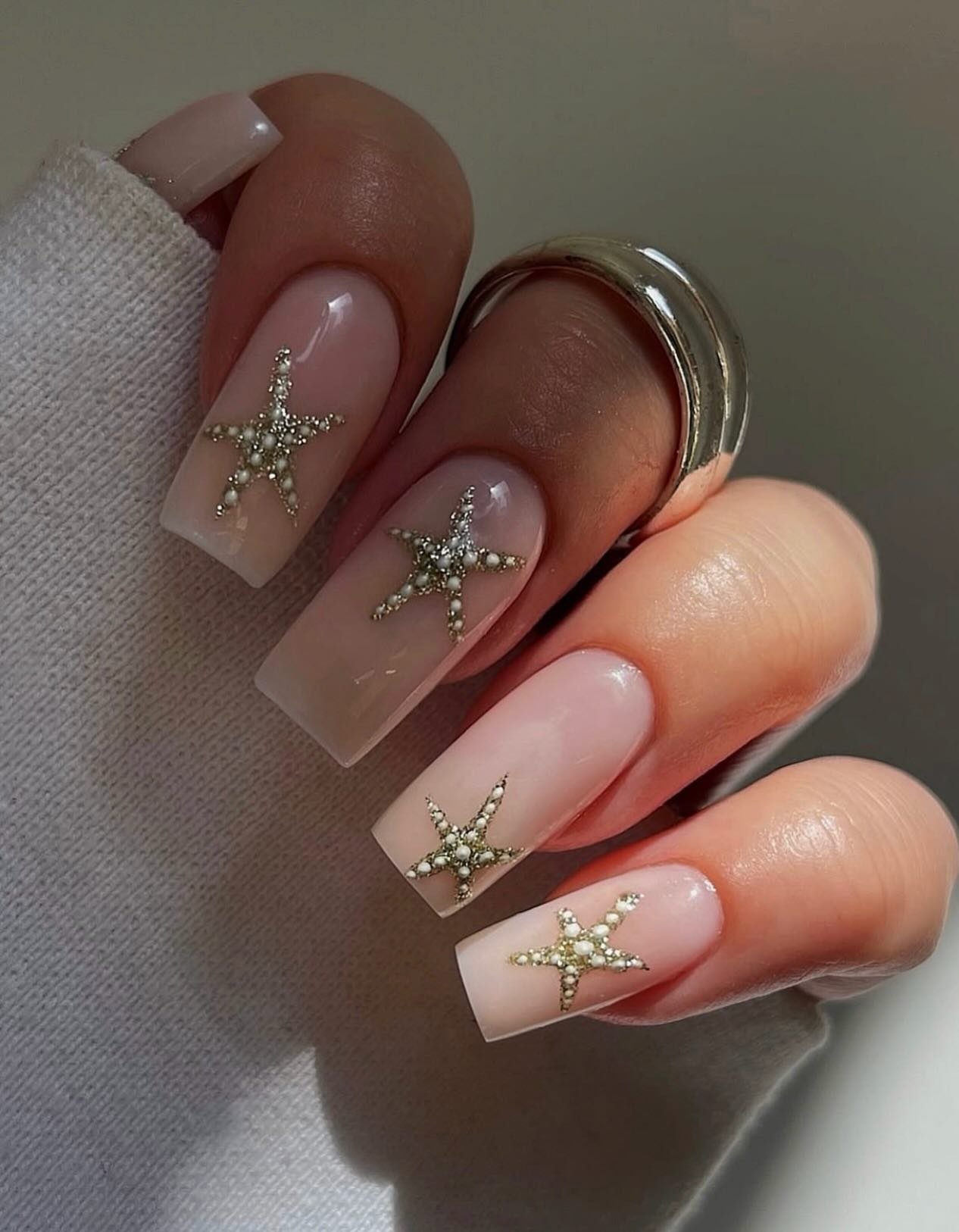 Long Square Nails with Silver Pearl Starfish