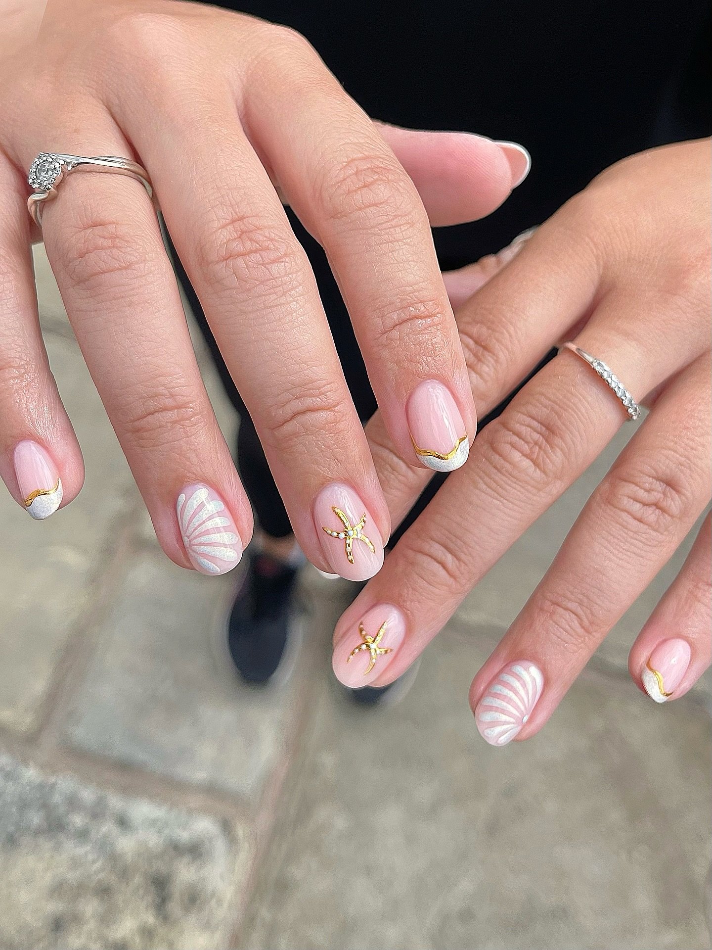 Nude Nails with White Shell and Gold Starfish