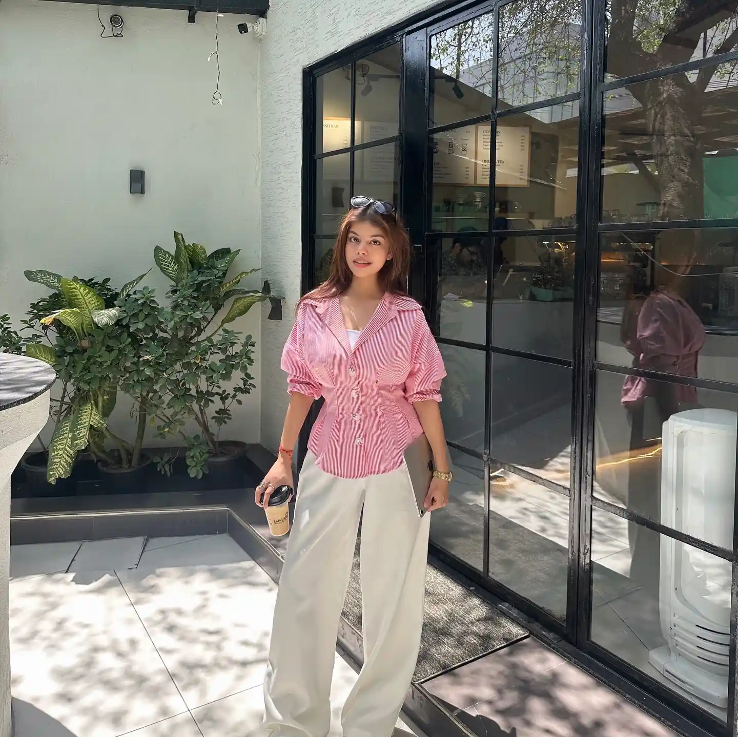 Pink Shirt with White Wide-Leg Pants