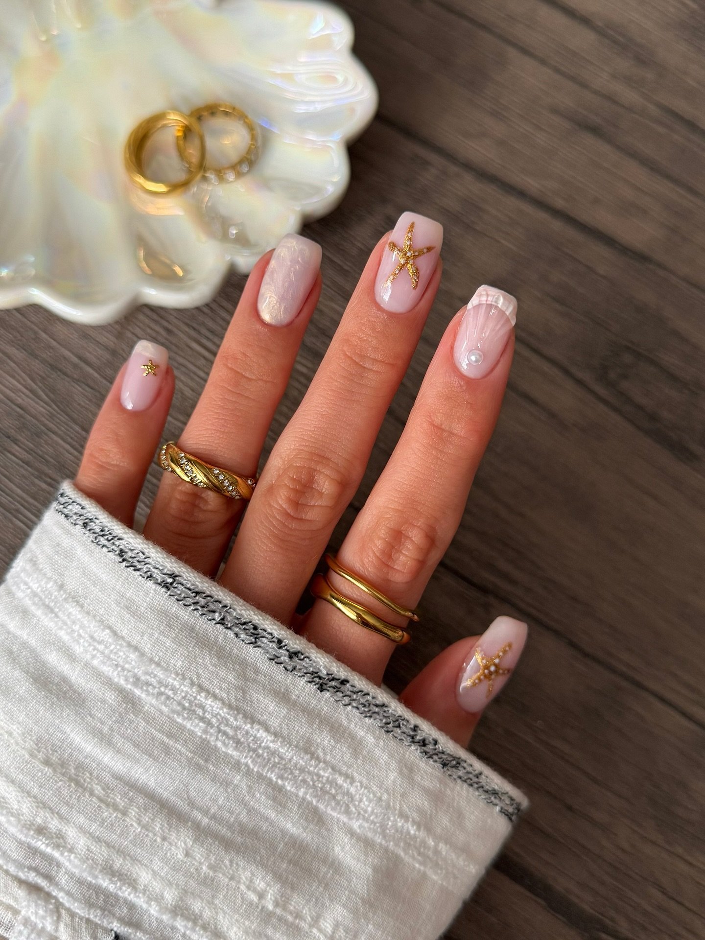 Sheer Square Nails with Gold Starfish and Shell Texture
