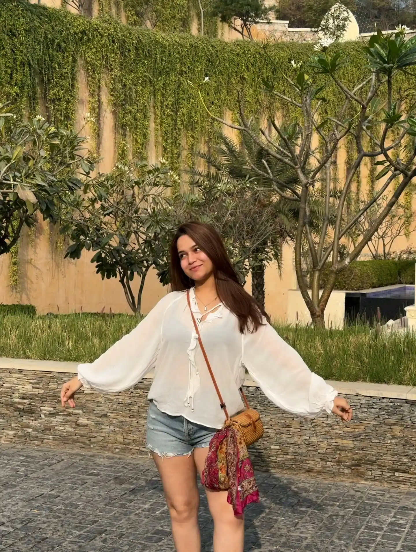 White Boho Blouse with Denim Shorts