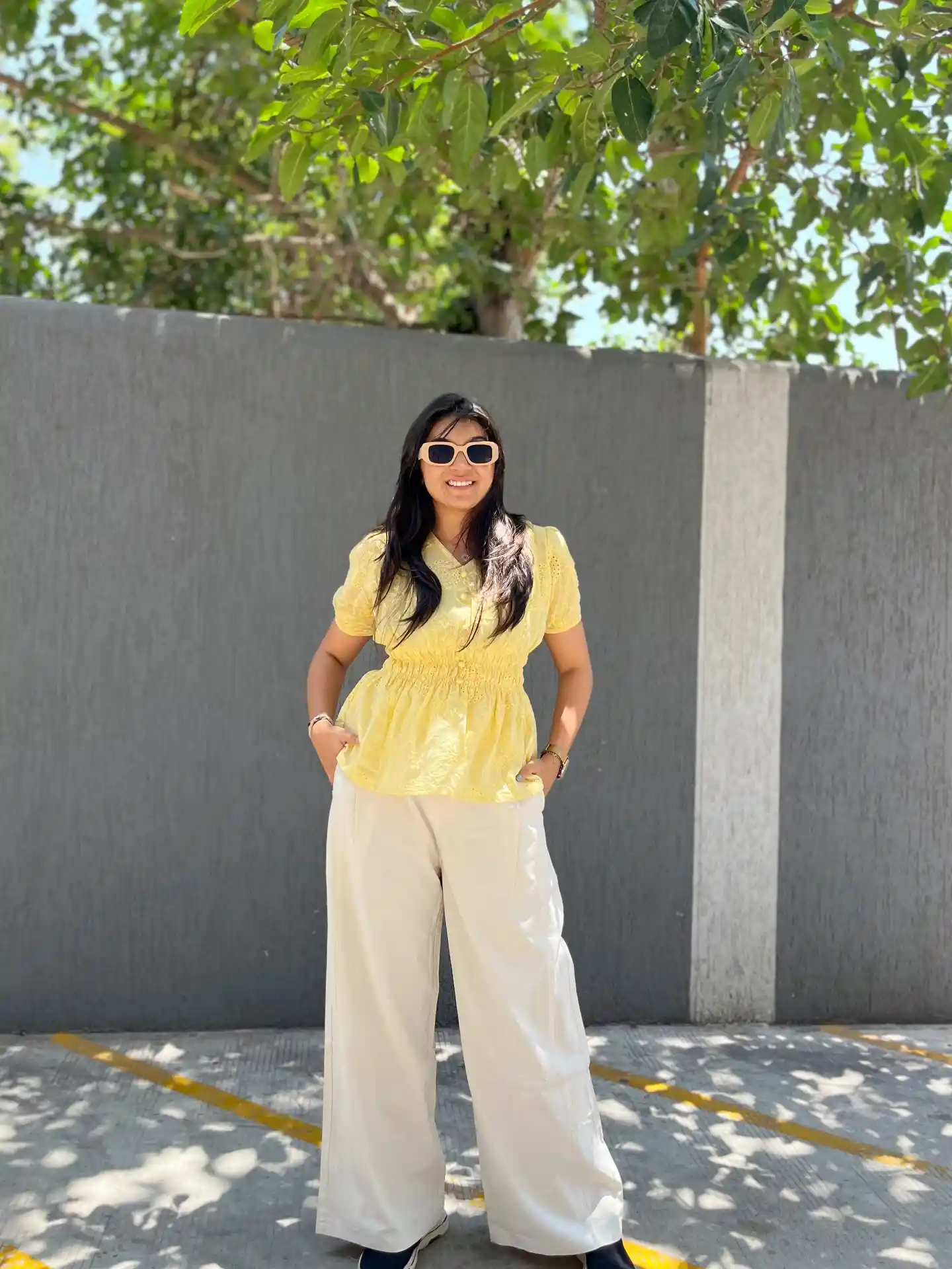 Yellow Blouse with White Wide-Leg Pants