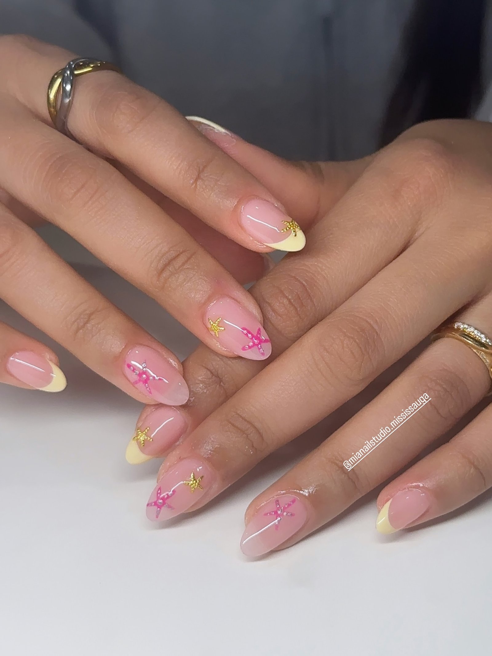 Yellow French Tips with Pink and Gold Starfish